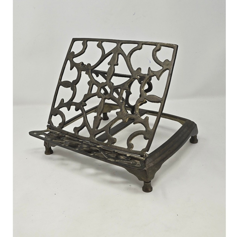 Vtg solid ornate brass folding adjustable book bible sheet of music stand